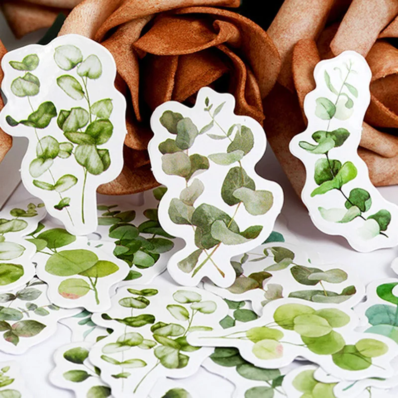 46Sheets Box-packed Stickers Eucalyptus Leaf Set Small Fresh Green Leaf Hand Account Decorative Material Stationery Stickers