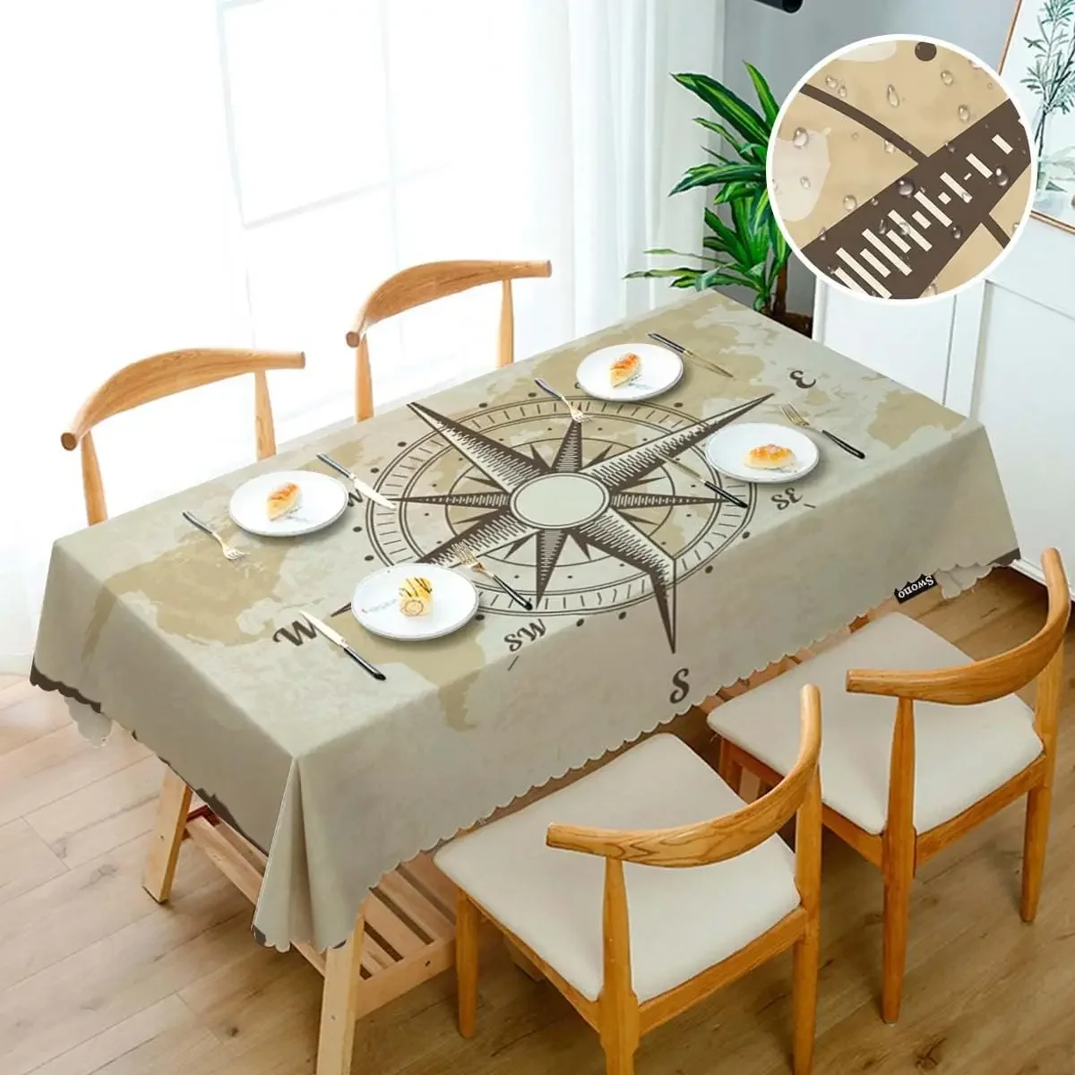 Compass Rectangular Tablecloths Old World Map Nautical Compass Washable Tablecover Kitchen Holiday Party Dining Room Table Decor
