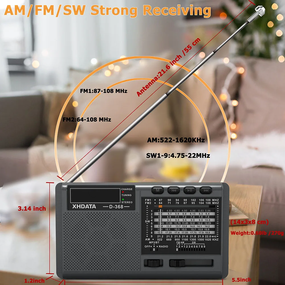 XHDATA D-368 Portable Radio FM AM SW Shortwave Radio Receiver Wireless Stereo MP3 Player With TF Card Jack 4Ω/3W USB Radio