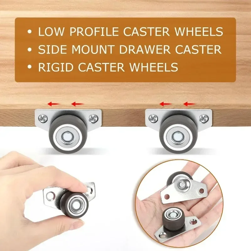 Silent Rubber Casters, Drawer Wheels, for Furniture, Kitchen Cabinet Table ,of Side Installation Low Profile Replace wheel