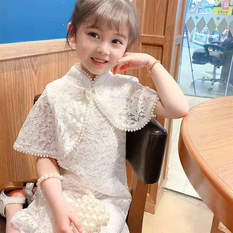 

2023 New Girls Dress Summer Children's Cheongsam Princess Dress New Tulle Shoulder Dress Ropa De Niña Girls Clothes