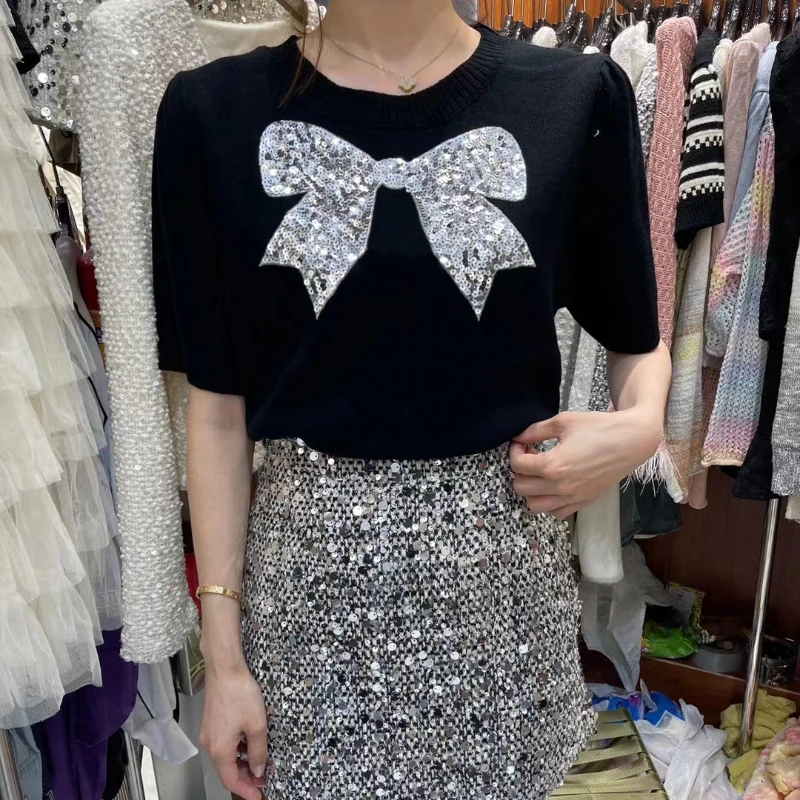 Women T-shirts Comfortable Simple Cozy Summer Fitness Bow Short Sleeve Casual All-match Sweet French Style Sequined Clothing Ins