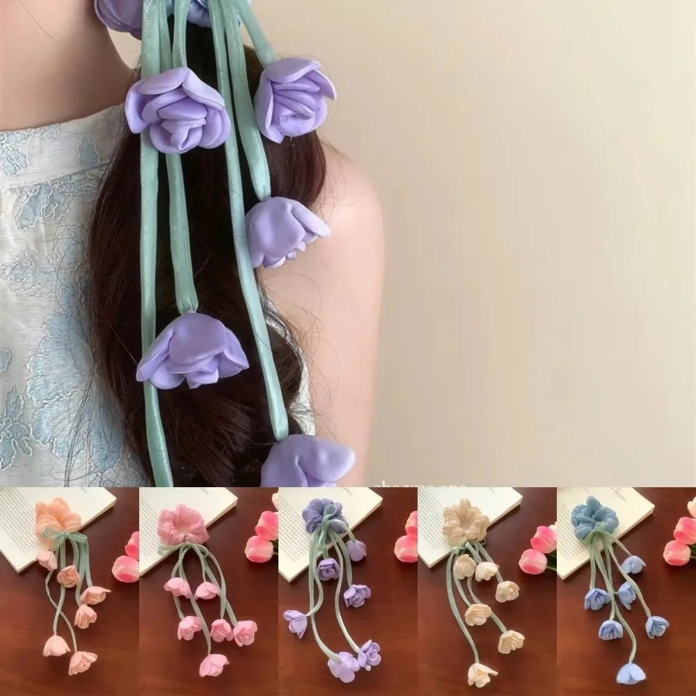 Hermosas tulipanes Floral Scrunchie Le Muguet diseño etéreo lazo para el cabello con cinta colgante accesorio para el cabello peinado