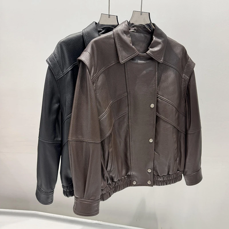 

High Quality Sheepskin Jacket for Women Casual Lapel Motorcycle Jackets 2026 New Retro Loose Trendy Real Leather Jacket Coats