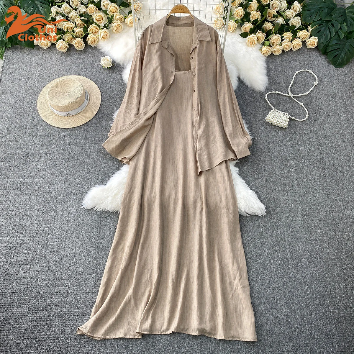 UNI เสื้อฤดูร้อน + ชุดเดรสเซ็กซี่เดี่ยวหลวมยืดหยุ่น Slim 2 ชิ้นชุด Elegant Office Lady เกาหลีแฟชั่น Vestido