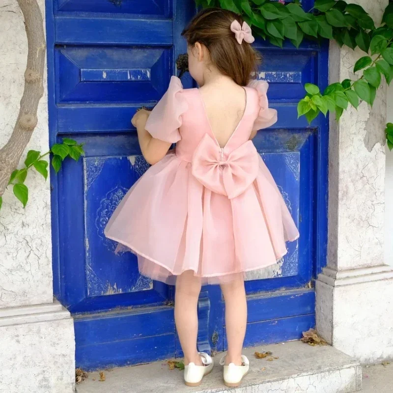 Blumenmädchenkleider Rosa Satin Tüll Puffy mit Schleife Kurzarm für Hochzeit Geburtstag Heilige Kommunion Bankett Prinzessin Kleider