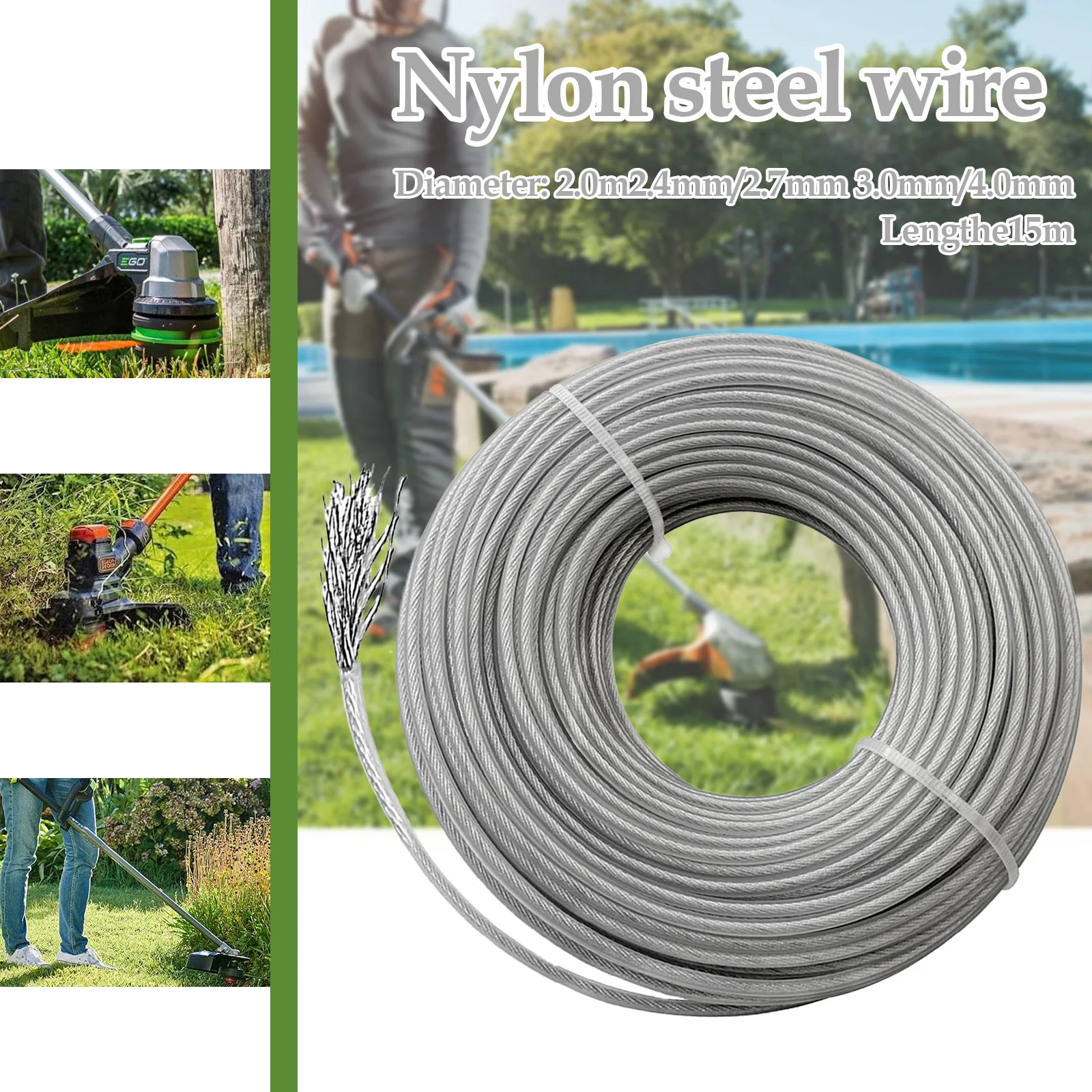 2.0/2.4/2.7/3.0mm Trimmer Acciaio Nylon Filo Corda Cavo Linea Strimmer Decespugliatore Lungo Rotolo Rotondo Erba Filo di Sostituzione Circa 15 m