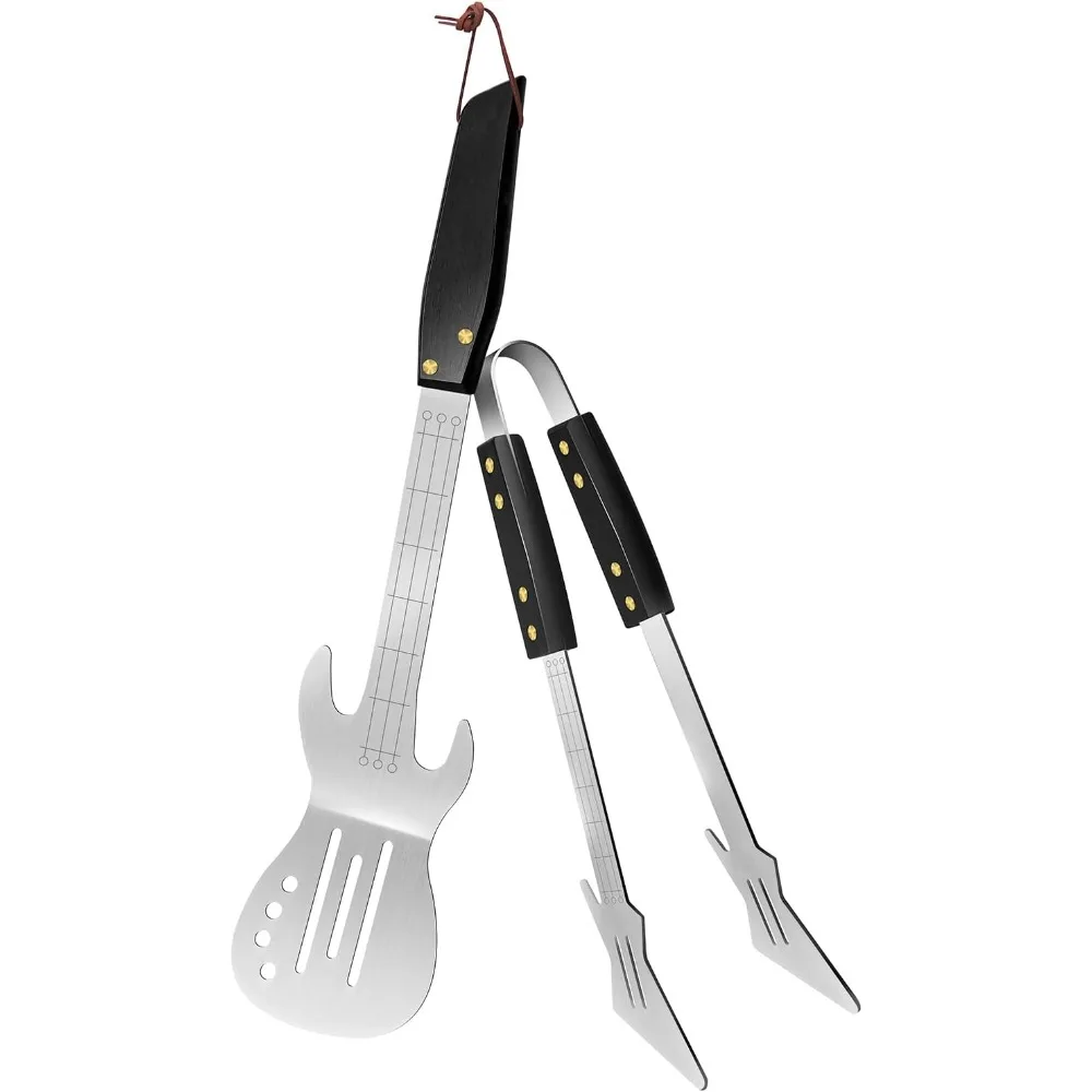 

Сверхмощный набор инструментов для барбекю из нержавеющей стали в стиле рок-гитары — лопаточка и щипцы с деревянной ручкой