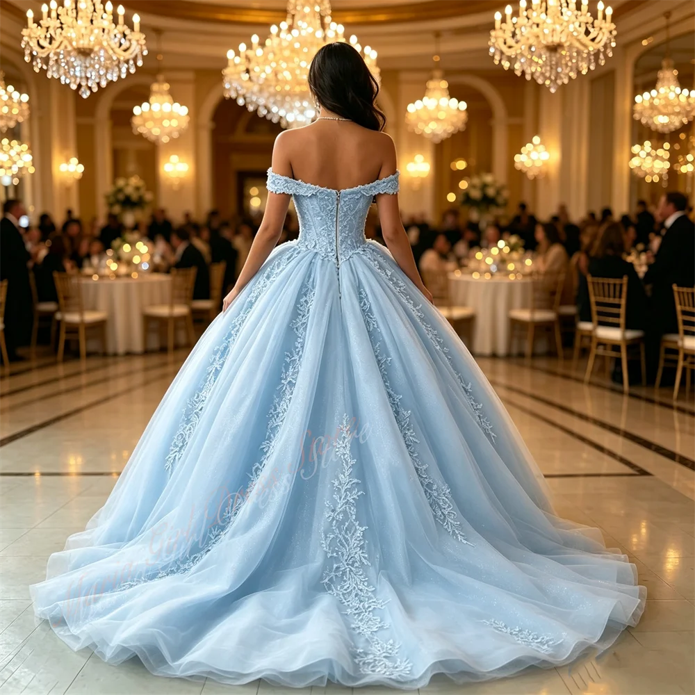 Prom Wedding Party Light Blue Dress Fluffy Off-shoulder Princess Style for Girls First Communion Banquet Evening Gown