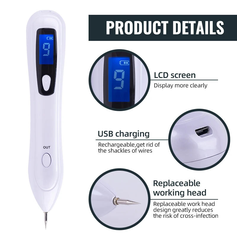 Tela lcd usb recarregável se livrar dos manilhas de fios substituível cabeça de trabalho caneta remoção toupeira 9 th nível branco