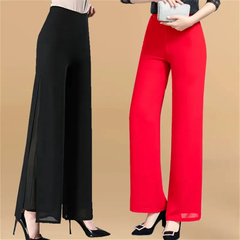 Ladies Summer Loose Elastic Waist Long Trousers Chiffon Side Split Casual Straight Pants Women Spring Wide Leg Skirts Pants 4XL