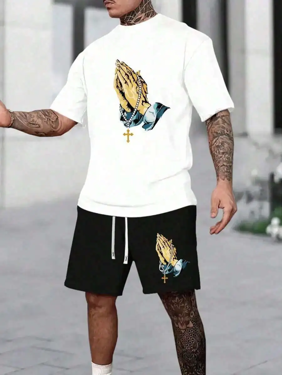 Mens Praying Hands Graphic Print Short Sleeve Shirt And Shorts Set Casual Summer Outfit