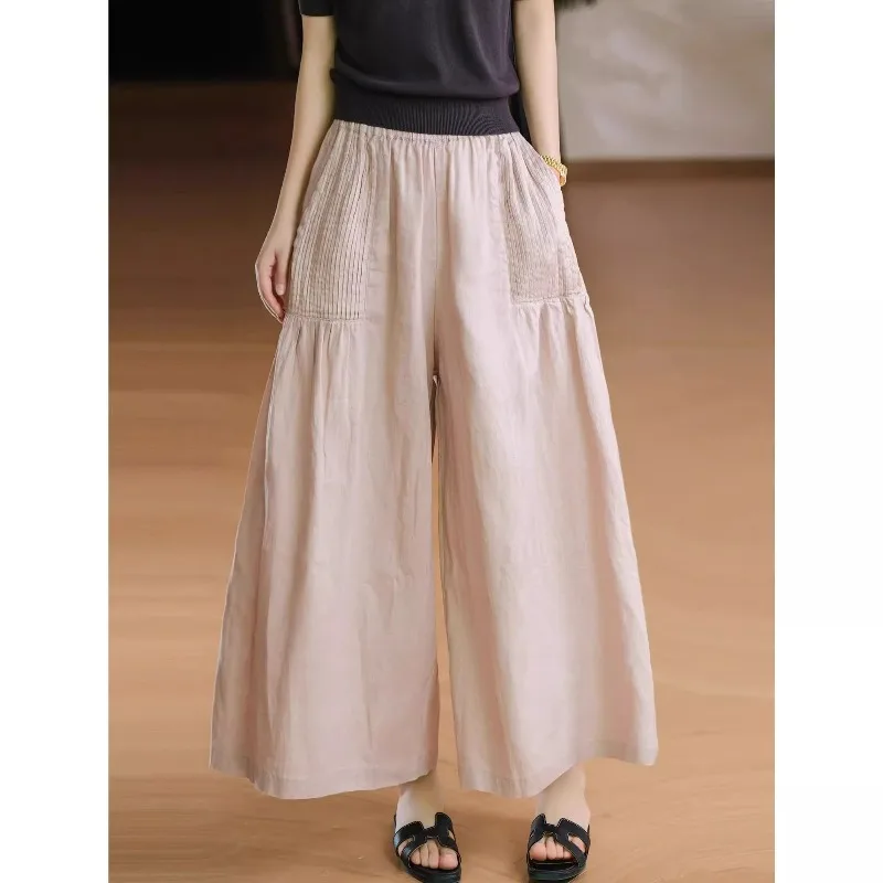 Casual High Waist Wide Leg Pants Women's Cotton Linen Loose Drapey Summer Casual All-Match Skirt Pants Q247