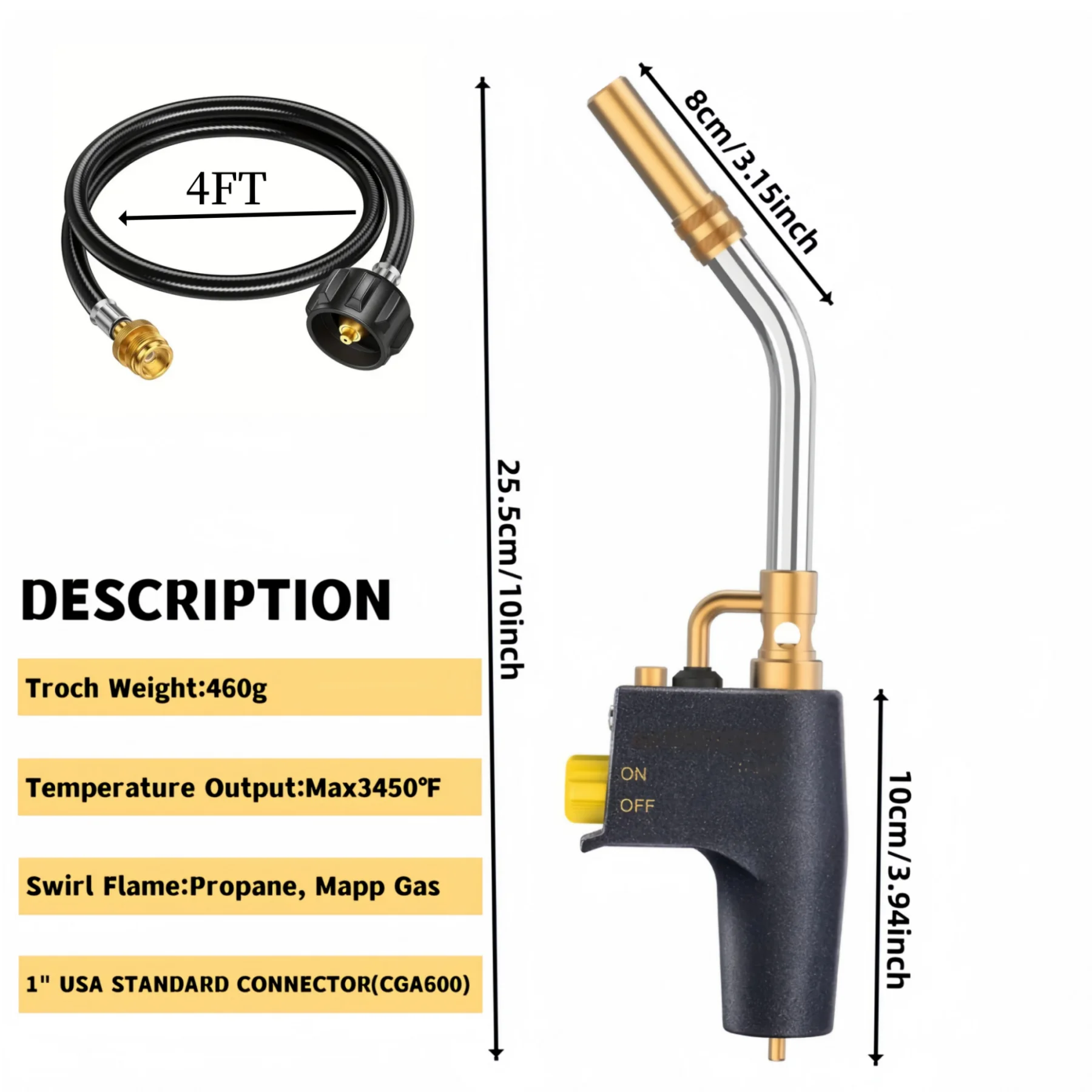 Gas Torch Triggered Propane Map Torch Gas Burner Welding Torch with 4FT Hose Lgniter for BBQ Cooking Brazing Camping Supplies