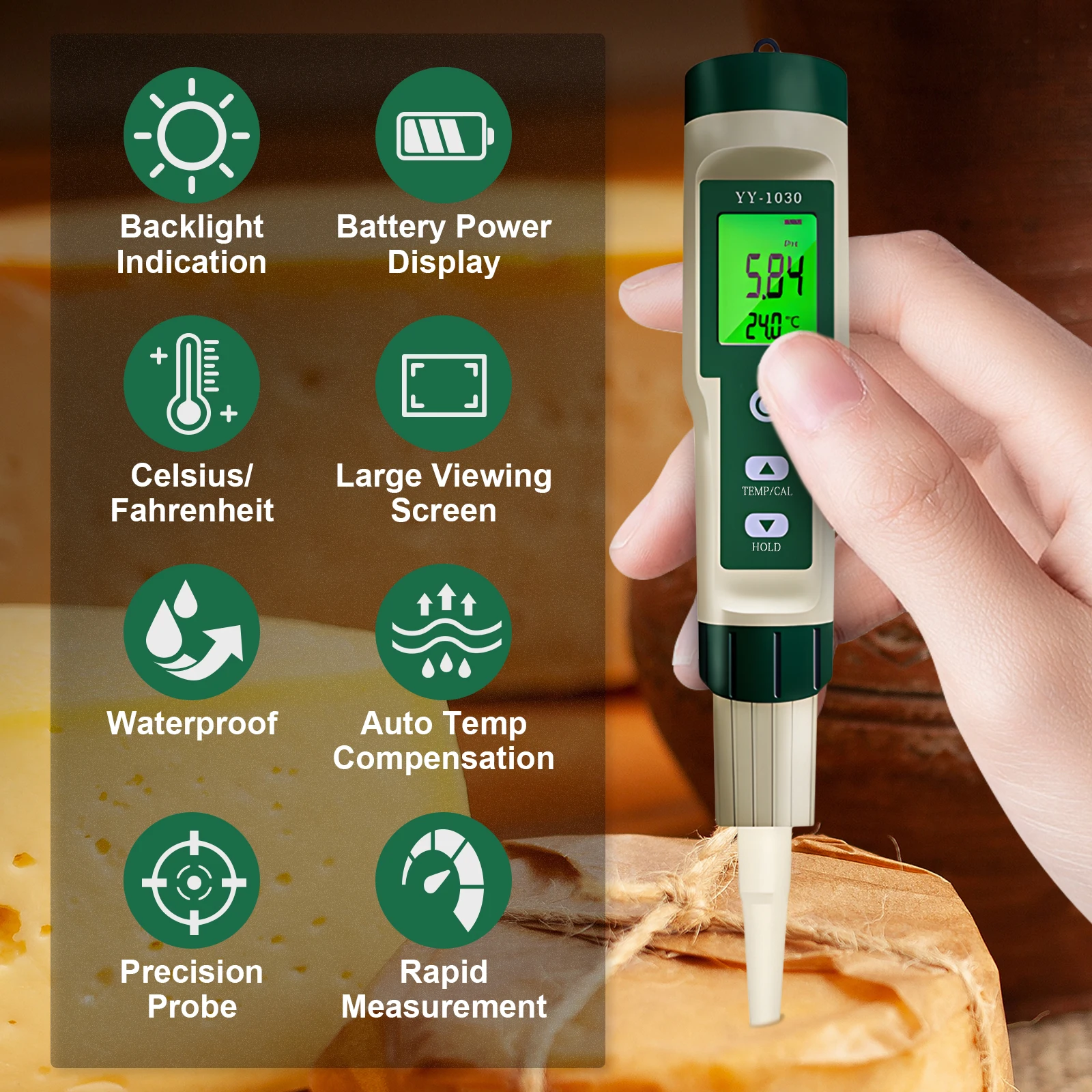 YY1030 PH Tester Dough Alkalinity Meter Fruit Cheese Cosmetics Food PH Meter 0.00-14.00 Soil Matrix PH Detector Temperature