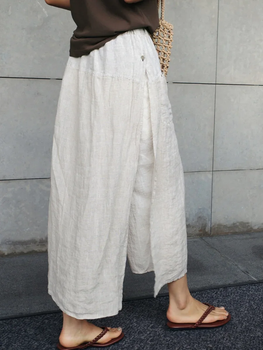 

Женские летние свободные брюки из льна с разрезом из Южной Кореи, укороченные брюки в китайском стиле больших размеров, искусственный двухсекционный хлопок и ZT53