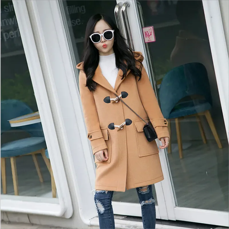 

Horns Buckle Woolen Windbreakers Jacket Women Overcoat Fashion Mid-Length Korean Coat Autumn Winter New Woolen Coats