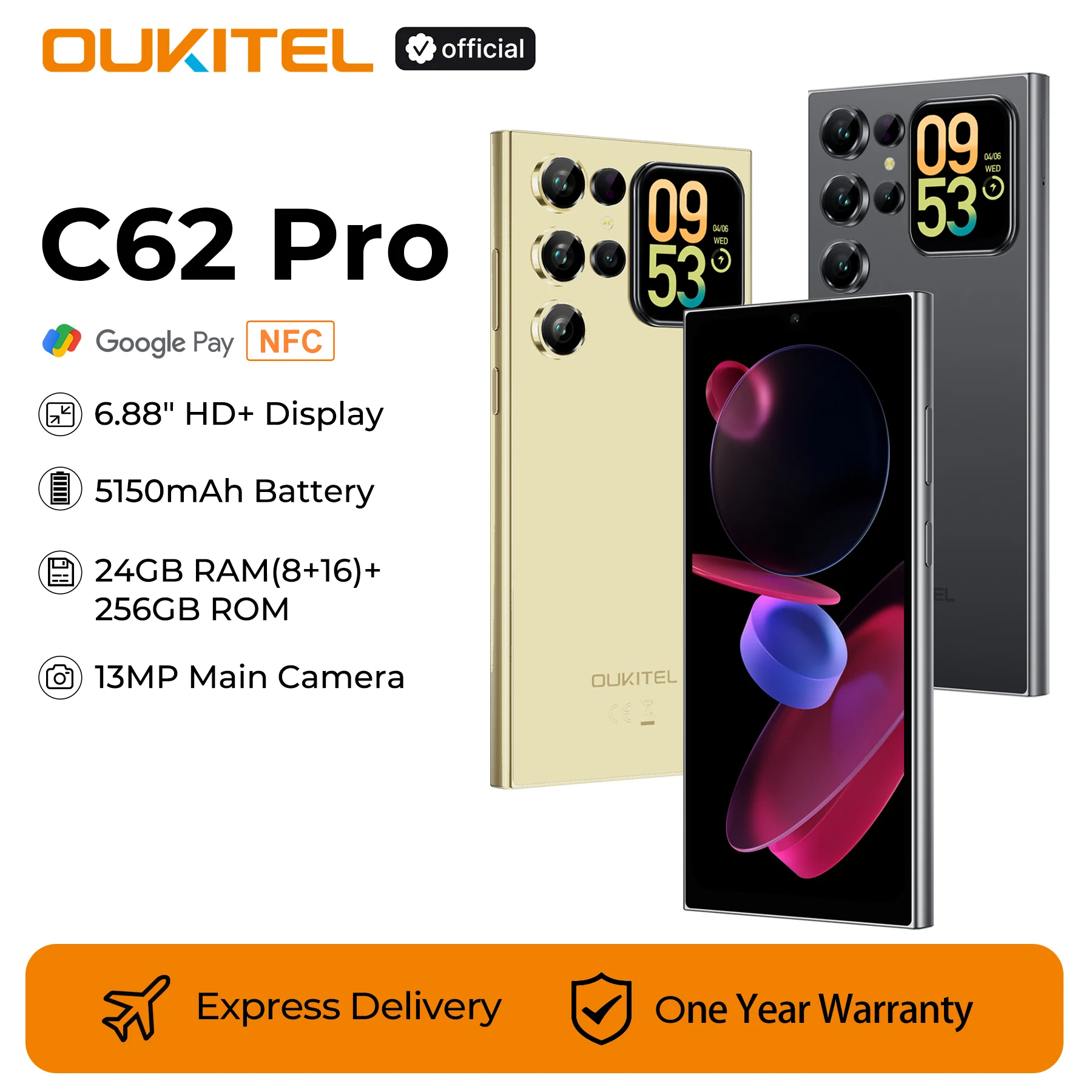 هاتف OUKITEL C62 Pro الذكي Android 15، 6.88 بوصة HD+ Display Unisoc T615، 24 جيجابايت (8+16) + 256 جيجابايت، بطارية 5150 مللي أمبير في الساعة NFC Mobile #1
