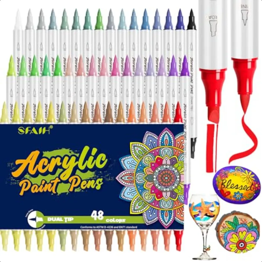 

SFAIH 48 Colors Acrylic Paint Markers Chisel Brush Tip No Bleeding Acrylic Pens for Paper Rocks Painting Wood Glass Canvas Colo