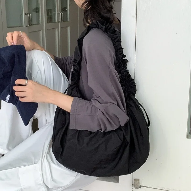 Drawstring Niche Design Shoulder Bag New Pleated Diagonal Crossbody Bags Nylon Fashionable Casual Handbag