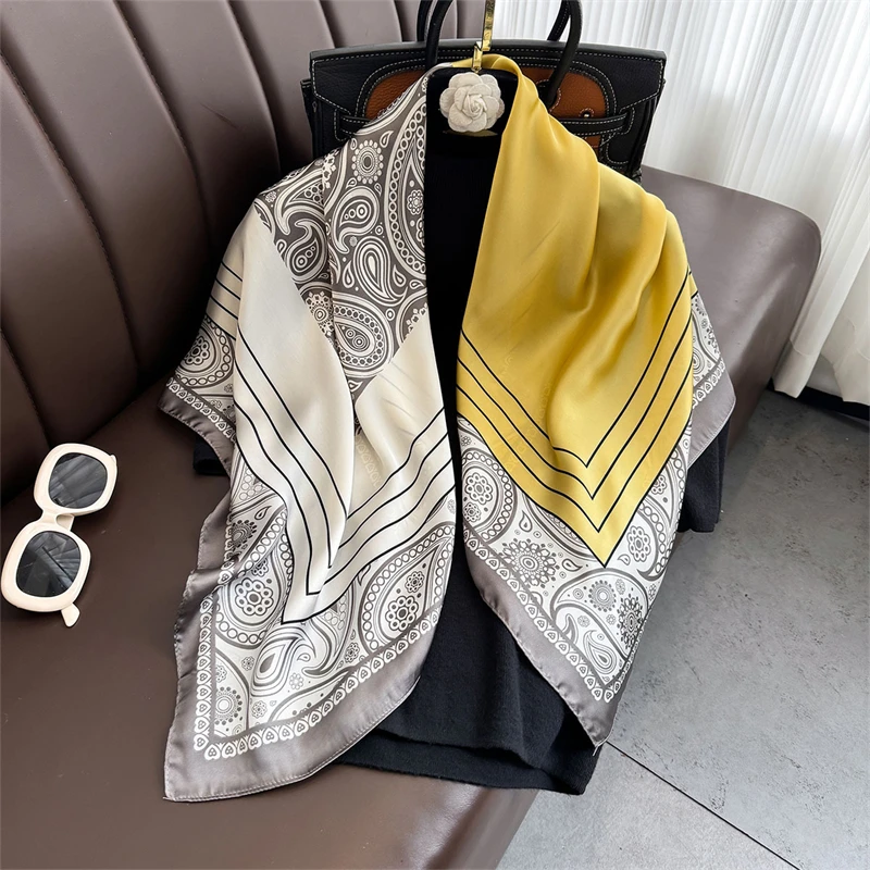 90*90CM Femmes Echarpe satén Serge Carre Grand Chale elegante Foulard Plage protección Solaire Bandana