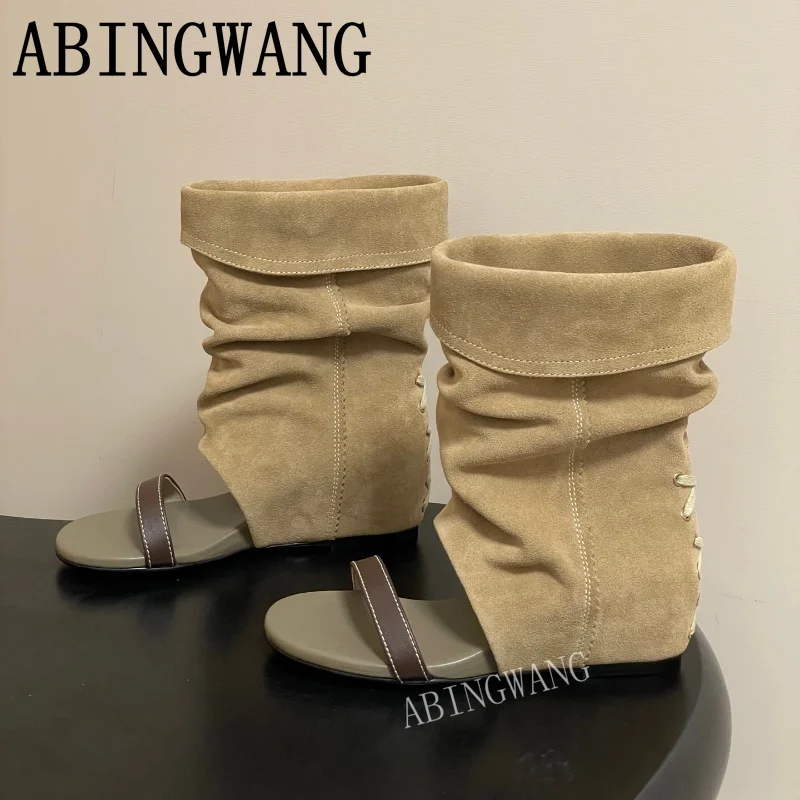 2026 Spring Autumn New Suede Open Toe Flats Heel Ankle Boots for Women Casual Classics Ladies Short Boots For Women Mujer