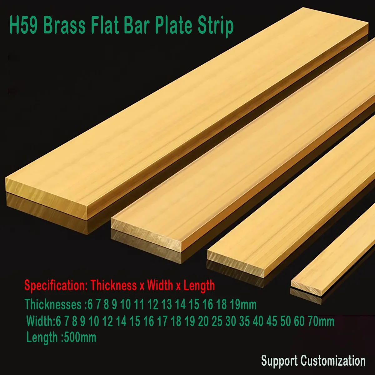 Length 500mm H59 Brass Flat Bar Plate Strip Thicknesses 6 7 8 9 10 11 12 13 14 15 16 18 19mm Rectangular Solid Metal Sheet