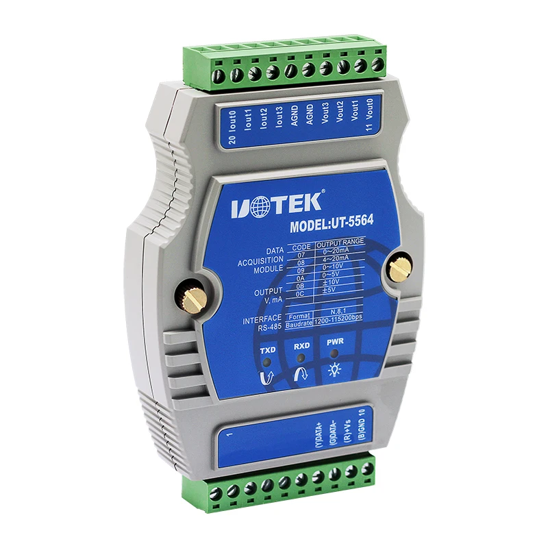 UOTEK Modulo di uscita analogica remota RS485 a 4 canali e modulo di controllo con protocollo Modbus RTU UT-5564A