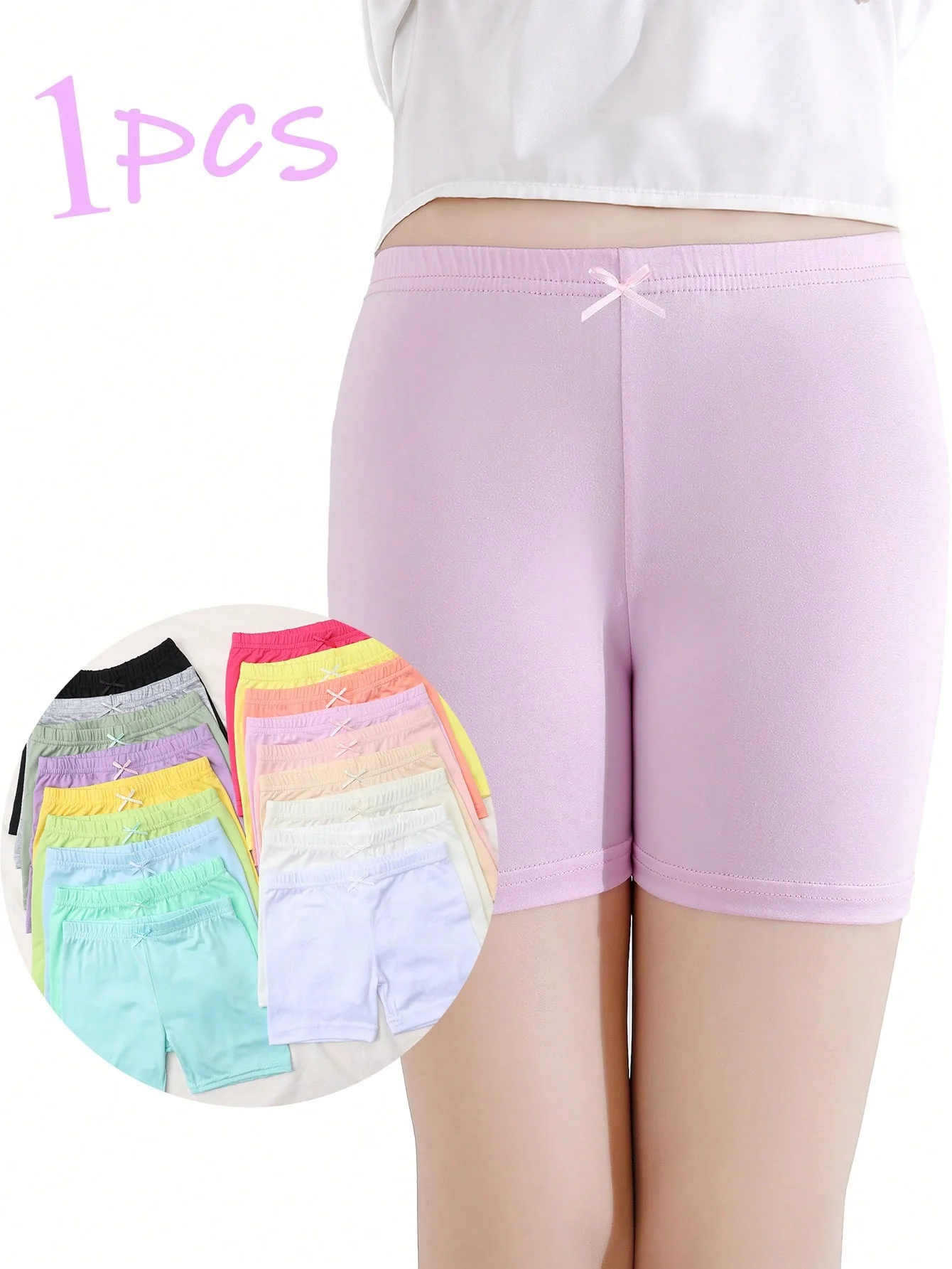 

1 шт. детских защитных штанов конфетных цветов с маленьким бантиком, мягкие и удобные шорты, подходящие для повседневной носки девочками летом.