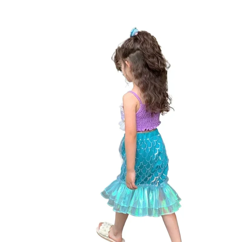 2024 Toddler Mermaid 2pcs Set for Girls Sparkle Tail Costume Cospaly Suit Sleeveless Suspender Skirt Girls Summer Clothes