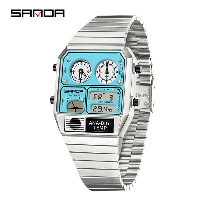 SANDA 3192 Quadratische elektronische Uhr für junge Männer, lässige multifunktionale Armbanduhr mit Thermometer, Stoppuhr, Chronograph