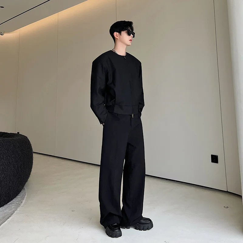 짧은 유니섹스 지퍼 재킷 한국 스타일 가을 디자인 더블 헤드 지퍼 칼라 없음 남성용 심플하고 세련된 아우터웨어