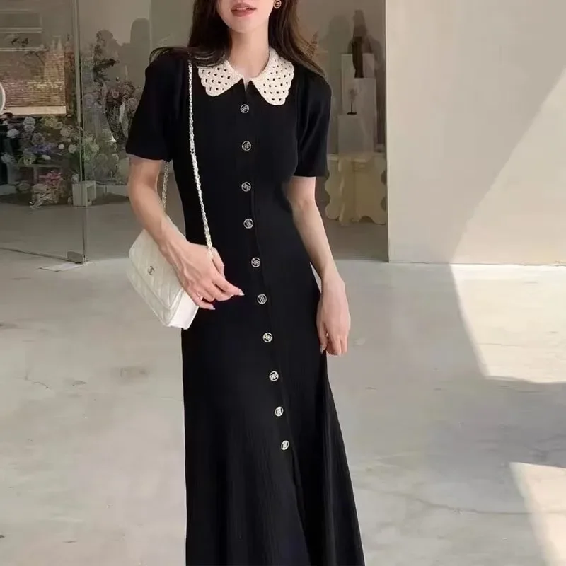 

European And American High-End Knitted Dress, Women'S Summer New Style, Elegant Lapel Hollow Slit Dress