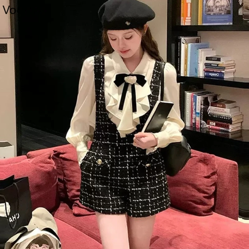 Elegant Vintage 2 Piece Set Women Gothic Fashion Bow White Shirt Tops Plaid Overalls Shorts Suit Korean Sweet Shorts Y2k Outfits