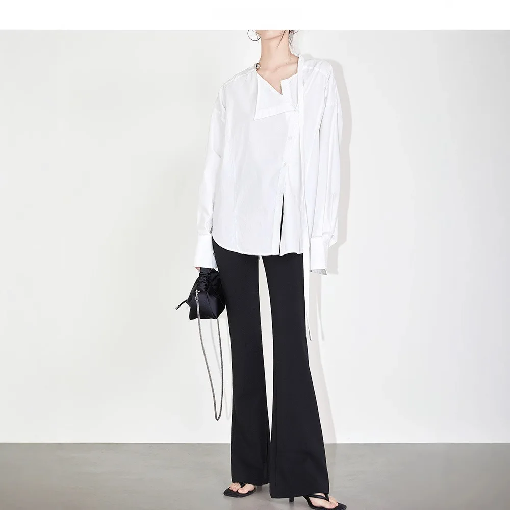Women's Black Slim Fit Flared Pants New Office Style High Drape Premium Roman Fabric Flared Suit Trousers