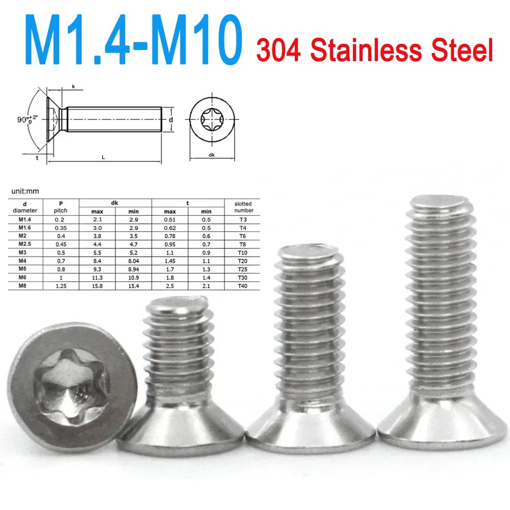 

M1.4 M1.6 M2 M2.5 M3 M4 M5 M6 M8 M10 (A2-70) 304 Stainless Steel GB2673 Six-Lobe Torx Flat Countersunk Head Screws Bolt 50-2pcs