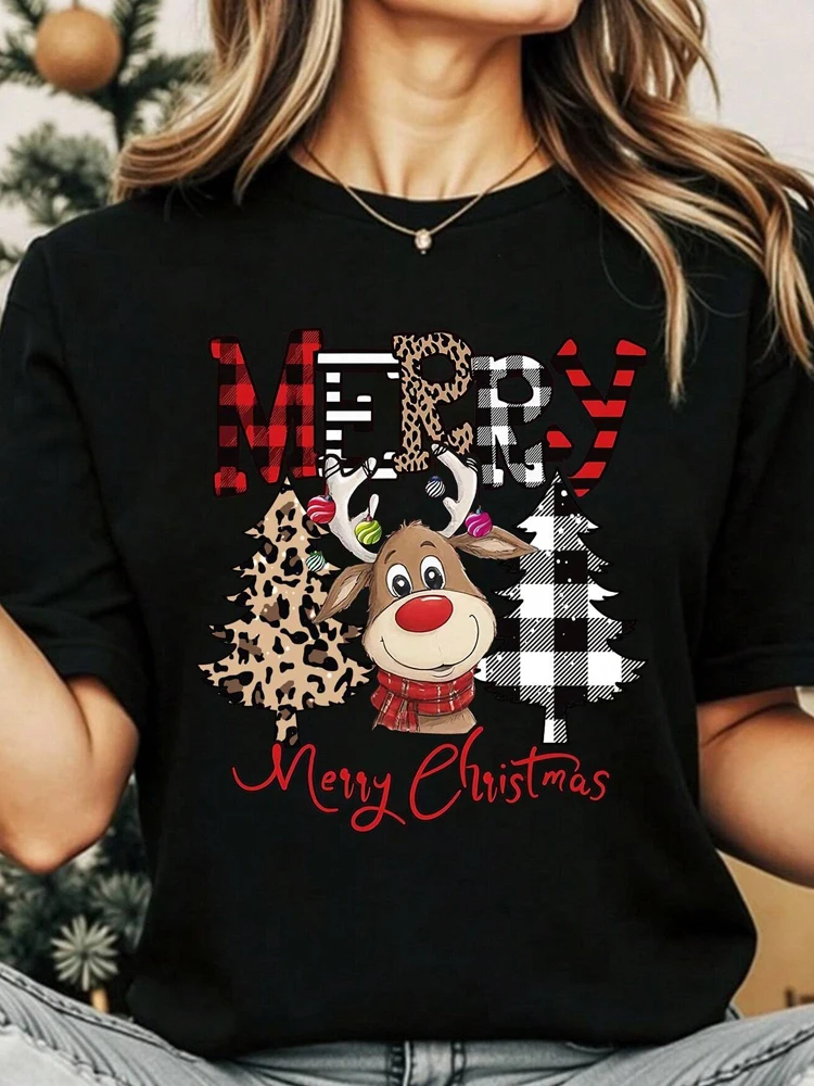 Casual Women Christmas T Shirt Fashion Cute Deer Leopard Christmas Tree Print T-shirt Cartoon Printed Short Sleeve Female T-Shir