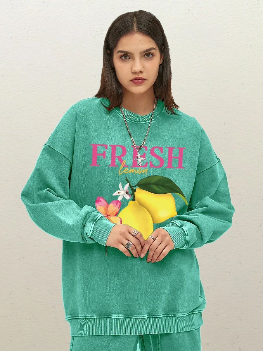 الليمون الطازج الفواكه زهرة طباعة غسلها البلوز المرأة فضفاضة مريحة البلوز Crewneck الملابس أزياء القطن الرياضية