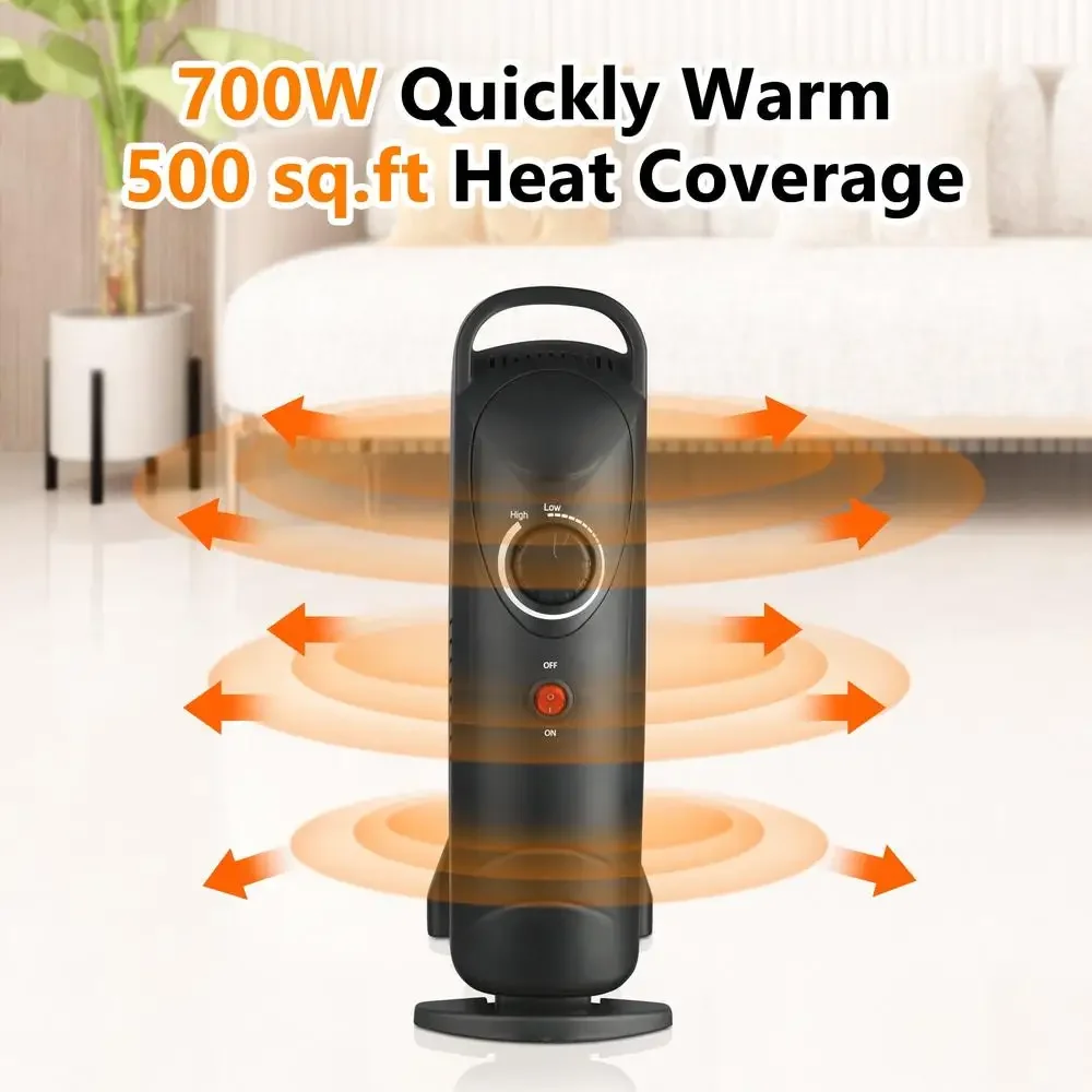 700W Oil Filled Electric Space Heater Adjustable Thermostat Indoor Heater Overheat Protection Portable Black Mini Design Bedroom