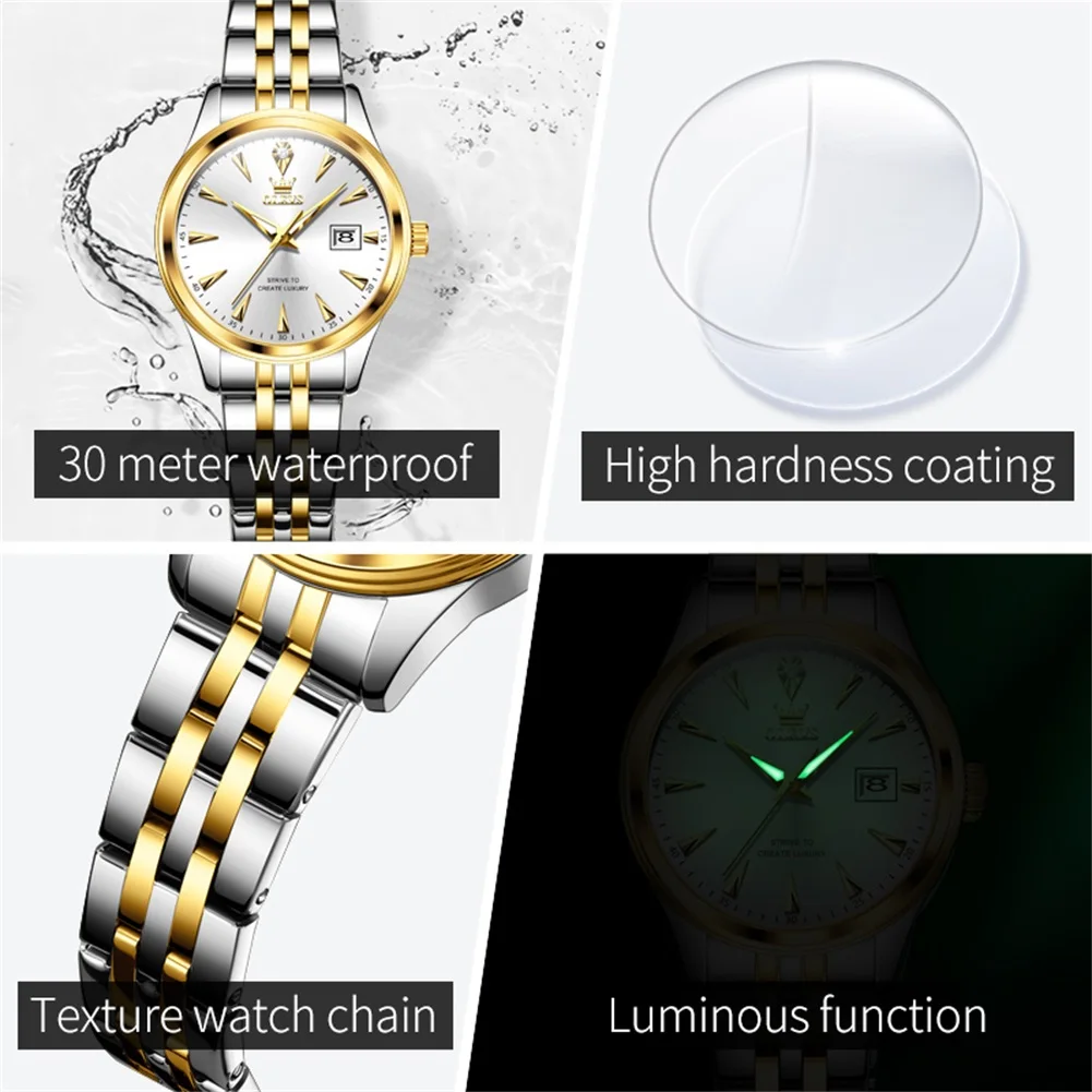 2 unids/set OLEVS relojes de pulsera de negocios para mujer reloj de pulsera de cuarzo con fecha automática de acero inoxidable resistente al agua de lujo para mujer 5598