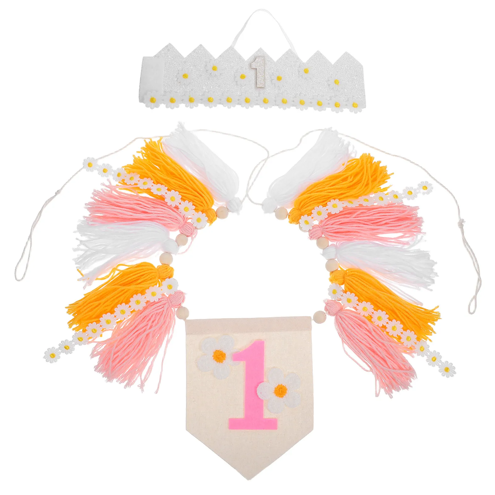 1Set Daisy Flower Table Decors Happy Birthday Banner for 1St Birthday High Chair Banner Tassel Boho Party Props Photo Booth view 3