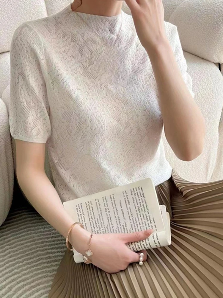 

Удобный женский топ из шелка с круглым вырезом, кружевом и коротким рукавом, вязаный, универсальный базовый слой, прямой крой, в корейском стиле