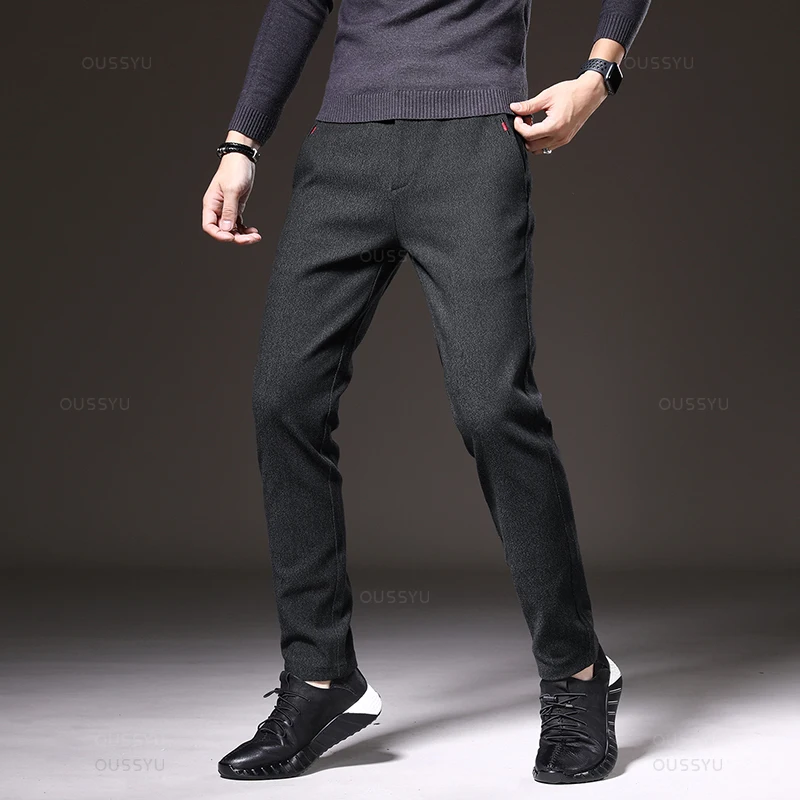 Pantalones informales de tela cepillada para hombre, pantalones gruesos de negocios, moda coreana, ajustados, elásticos, grises, azules y negros, 38, Invierno