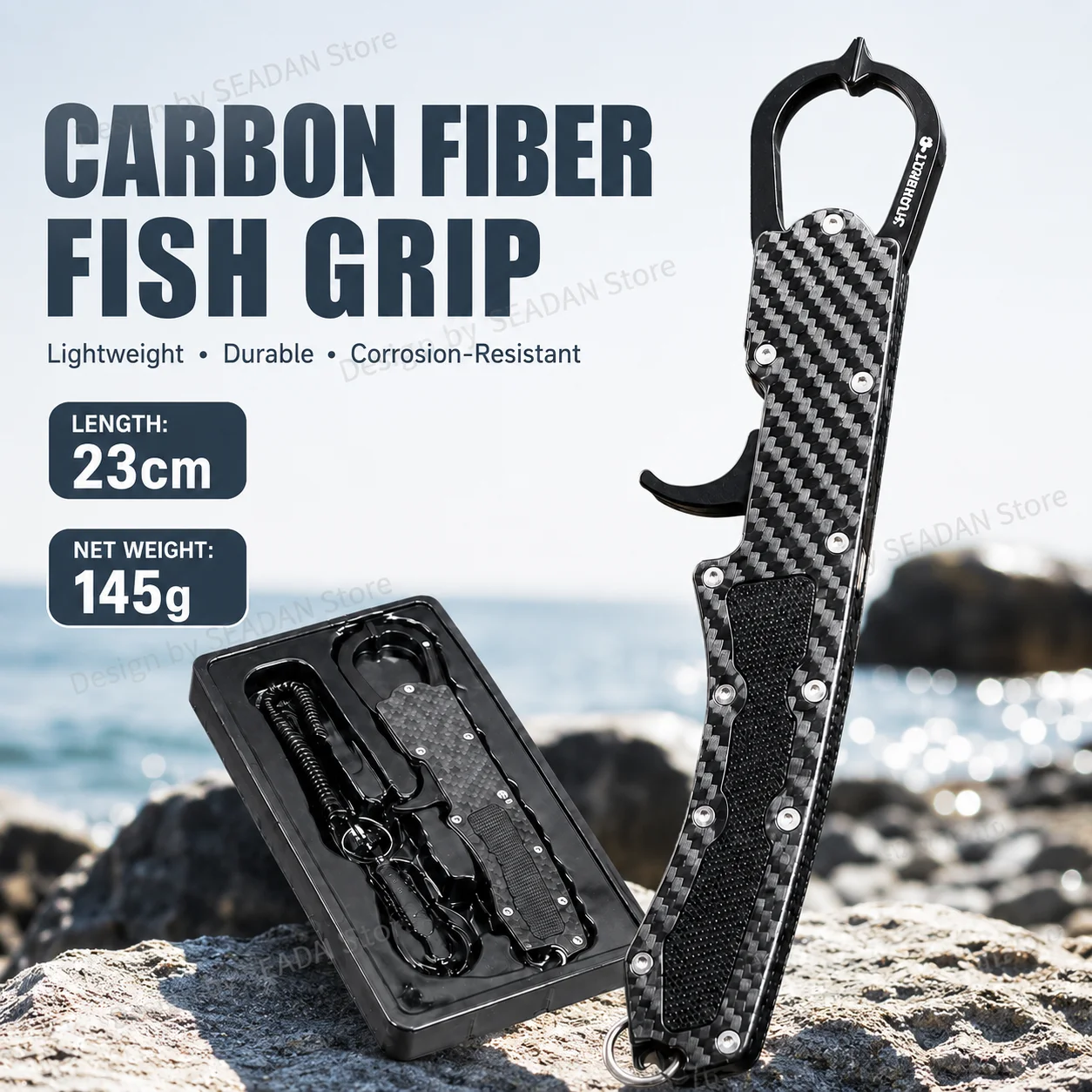 

230mm 145g Carbon Fiber Fish Lip Grip Ultra-Light One-Hand Anti-Lost Ring Non-Slip High Strength for Lure Freshwater Saltwater