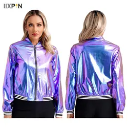Womens Baseball Jacket Spring Autumn Holographic Metallic Shiny Bomber Jacket Coat Long Sleeve Zipper Striped Band Outerwear