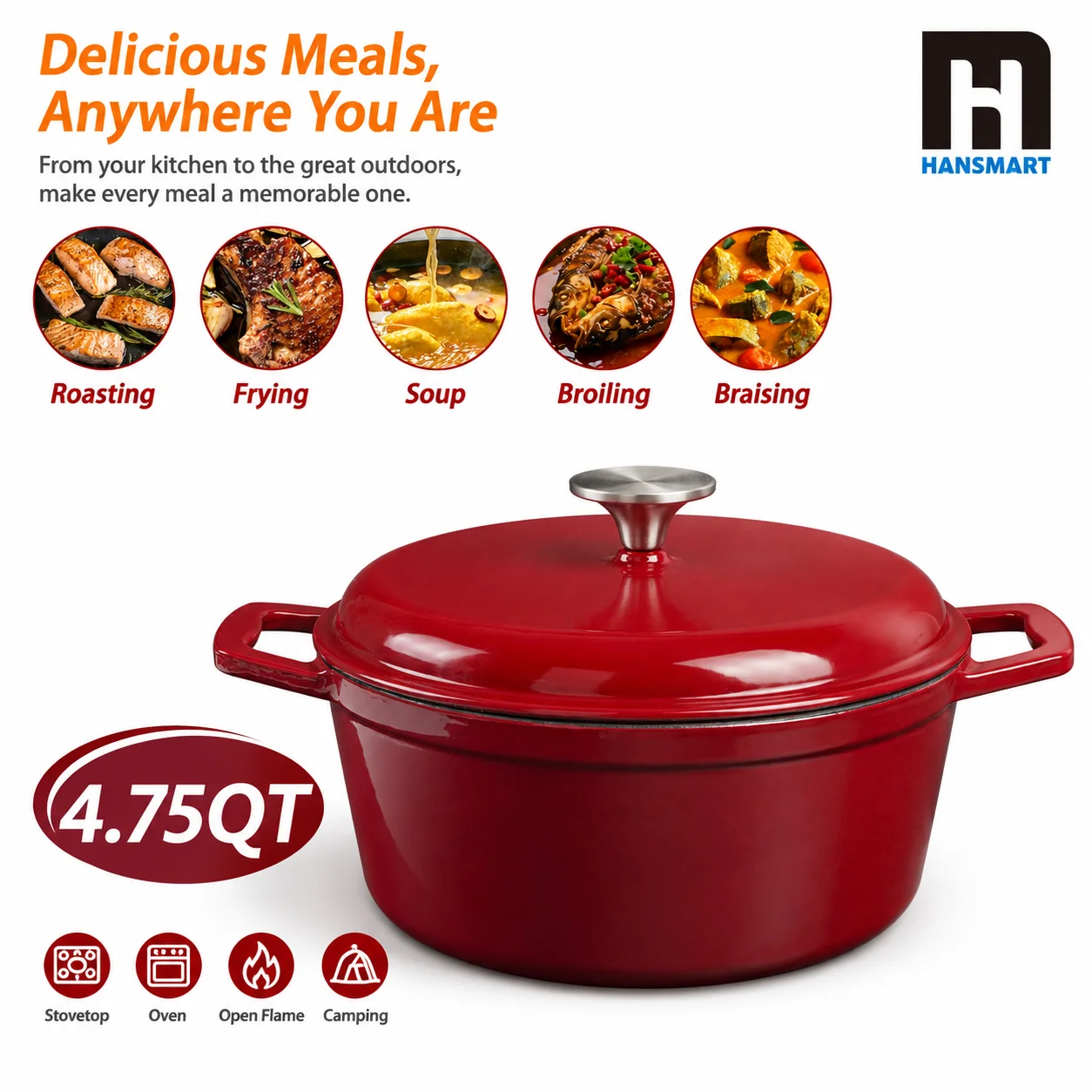 Dutch Oven Enamel - HANSMART 4.75Qt Enameled Cast Iron Dutch