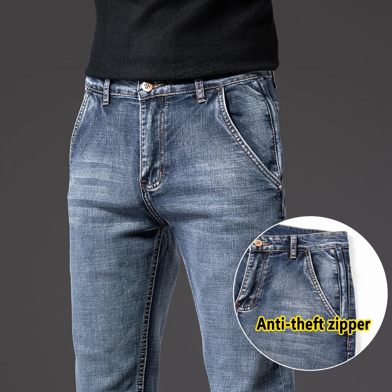 Autumn Classic Style Men\'s Cargo Jeans in Durable Fabric Fashion Casual Blue Gray Denim Stretch Pants Male Brand Trousers