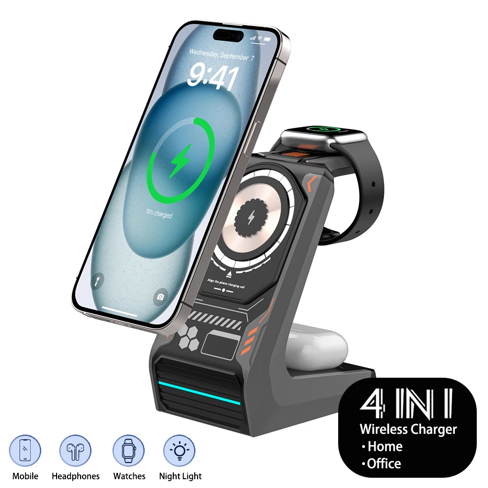 

Wireless Charging MagSafe Multi Function Phone Holder Mecha Style 3 In 1 For iPhone Support Air Pods Apple Watch Smartphone