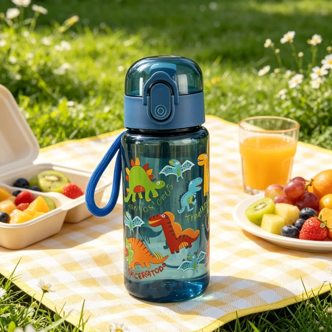 550ML Rainbow Dinosaur Elephant Printed Water Bottle, Fashion Portable Cup with Lanyard, Durable Lightweight Leakproof Large Cap image 3