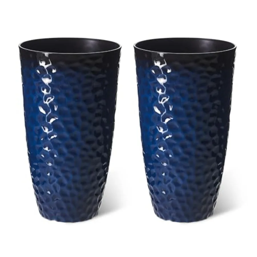 

Indoor Outdoor Front Porch Patio Planter Set: Honeycomb Textured Gradient Cobalt Blue Ceramic Round Pots 23.75 H Tall with Drai